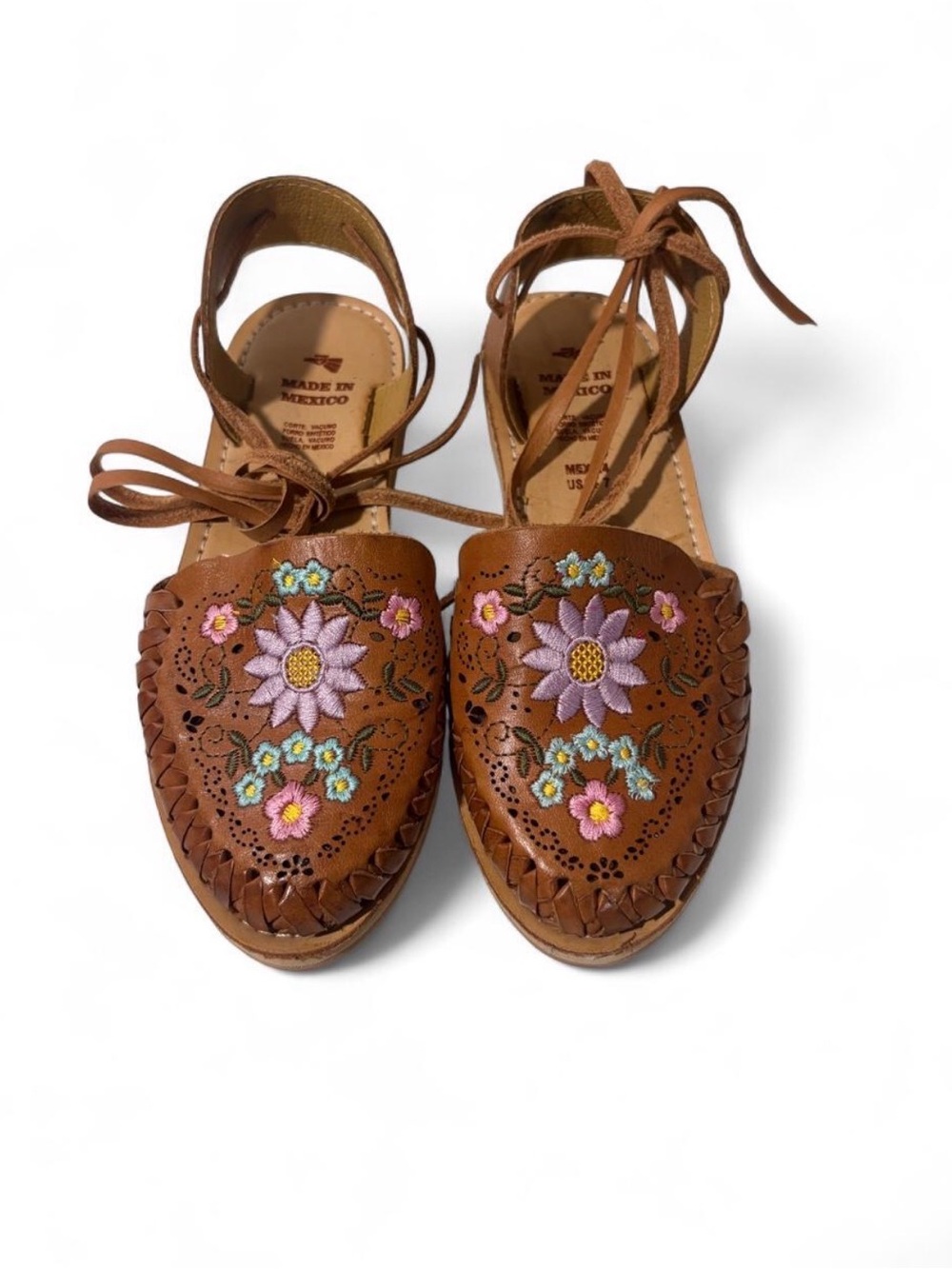 Women’s Brown Leather Floral Embroidered Lace-Up Sandals